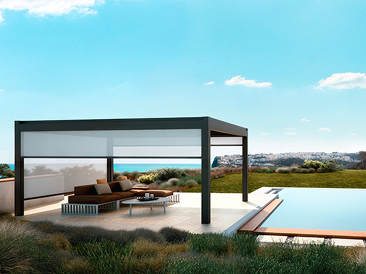 Pergolas by Sunair Awnings pergola over lounge furniture next to a pool